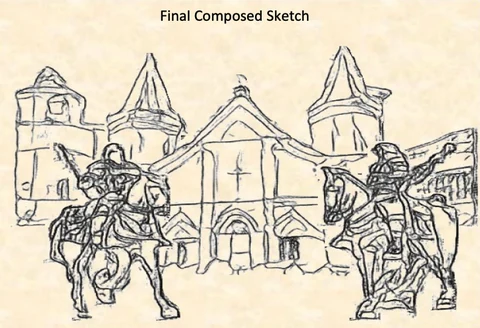 A composed line sketch of two mounted riders in front of a building with towers.
