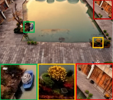 A courtyard scene with three color-coded closeups of a garden ornament, flowers, and building details.