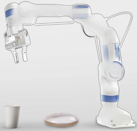 A robotic arm and gripper positioned above a tabletop with a cup and plate.