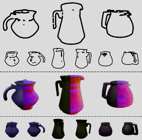Multi-view line sketches of three pitchers paired with corresponding colored 3D renderings.