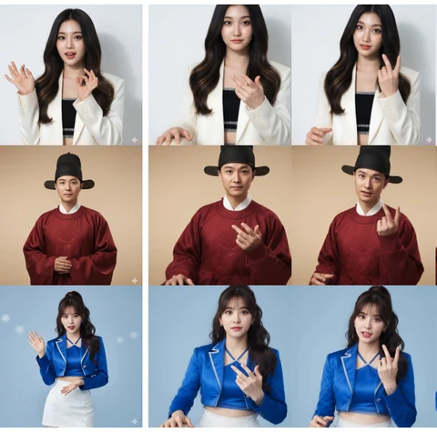 Three upper-body avatar examples shown with changing expressions and hand gestures.